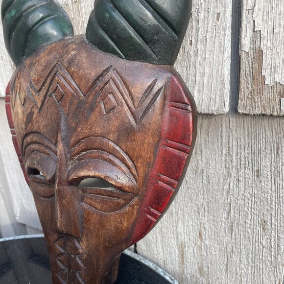 Horned Demon Decorative Tribal Face Mask Hand Carved Wooden - Picture 5 of 8